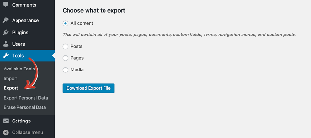Exportación de WordPress.